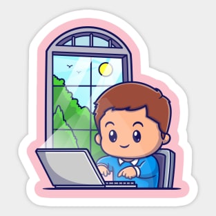 Cute Boy Working On Lapop Cartoon Sticker